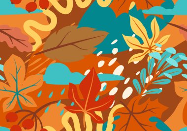 Sonbahar yapraklı, kusursuz çiçek desenli. Düşen soyut yaprakların arkaplanı.