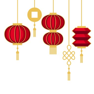 Kırmızı fenerleri asmanın bir yansıması. Kart ve davetiye tasarımı için dekoratif oryantal sembol. Asya geleneği.
