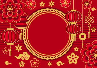 Mutlu Çin Yeni Yıl tebrik kartları. Oryantal sembollü arka plan. Asya gelenekleri.