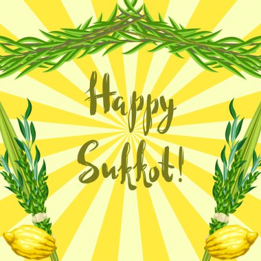 Mutlu Sukkot tebrik kartları. Geleneksel Yahudi festival sembolleri ile tatil geçmişi. Dört tür etrog, lulav, söğüt ve mersin ağacı dalları.