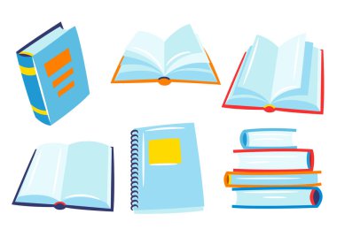 Okul ve eğitim için bir dizi kitap. Çeşitli biçimlendirilmiş açık ve kapalı kitaplar.