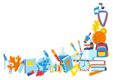 Okul geçmişinde eğitim öğeleri var. Renkli malzemelerin ve kırtasiyelerin çizimi.