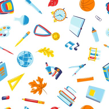 Eğitimle ilgili sorunsuz bir örnek. Renkli malzemeler ve kırtasiye arka planı.