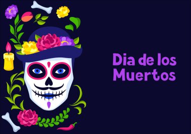 Ölüler Günü tebrik kartı. Dia de los muertos. Meksika kutlaması. Geleneksel sembollerle tatil arkaplanı.