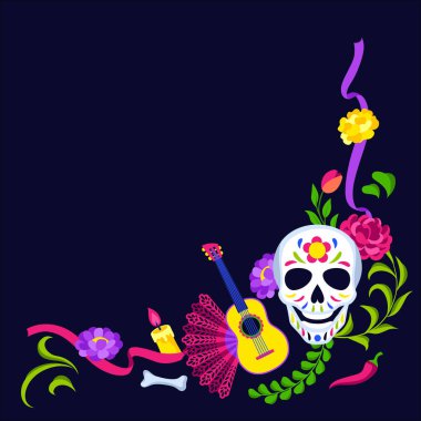 Ölüler Günü dekoratif çerçevesi. Dia de los muertos. Meksika kutlaması. Geleneksel sembollerle tatil arkaplanı.