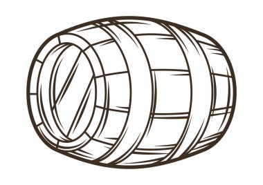 Tahta fıçı ve bira. Kabartma el çizimi tarzında bir nesne. Bira festivali veya Ekim Festivali için eski dekoratif öğeler.