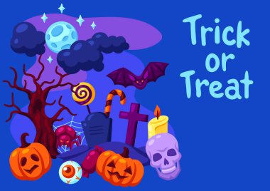 Kutlama malzemeleriyle Cadılar Bayramı tebrik kartın kutlu olsun. Tatil ve parti için resim ya da geçmiş.