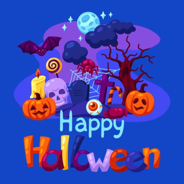 Kutlama malzemeleriyle Cadılar Bayramı tebrik kartın kutlu olsun. Tatil ve parti için resim ya da geçmiş.