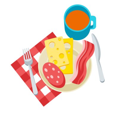 Kahvaltı illüstrasyonu. Lezzetli pastırma, sosis ve peynir tabakta ve çay. Kafeler, restoranlar ve oteller için kavram.