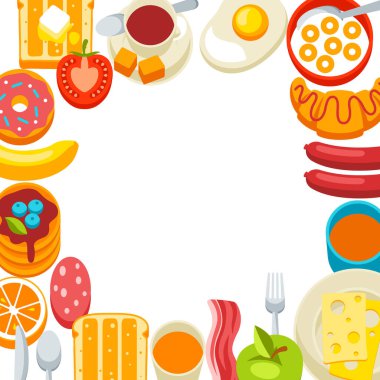 Sağlıklı kahvaltı. Çeşitli lezzetli yiyecekler ve içecekler. Kafeler, restoranlar ve oteller için resim.