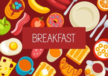 Sağlıklı kahvaltı geçmişi. Çeşitli lezzetli yiyecekler ve içecekler. Kafeler, restoranlar ve oteller için resim.