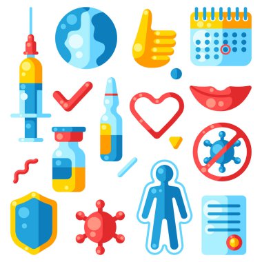 Aşı simgeleriyle aşılama ayarlandı. Bağışıklık öğeleri. Sağlık ve virüsten korunma. Tıp ve bilim endüstrisi.