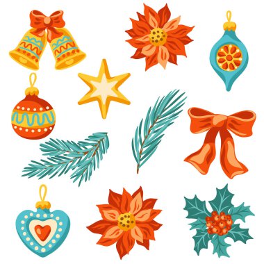 Mutlu Noeller eşyaları seti. Klasik tarzda tatil öğeleri. Mutlu yıllar..