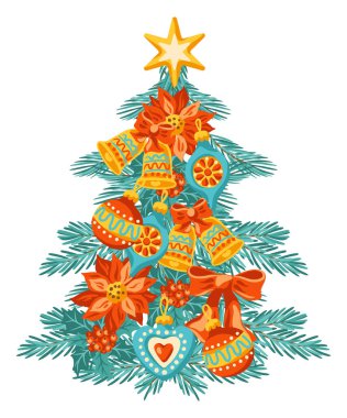 Mutlu Noel ağacı dekorasyonu tasarımı. Klasik tarzda tatil illüstrasyonları. Mutlu yıllar..