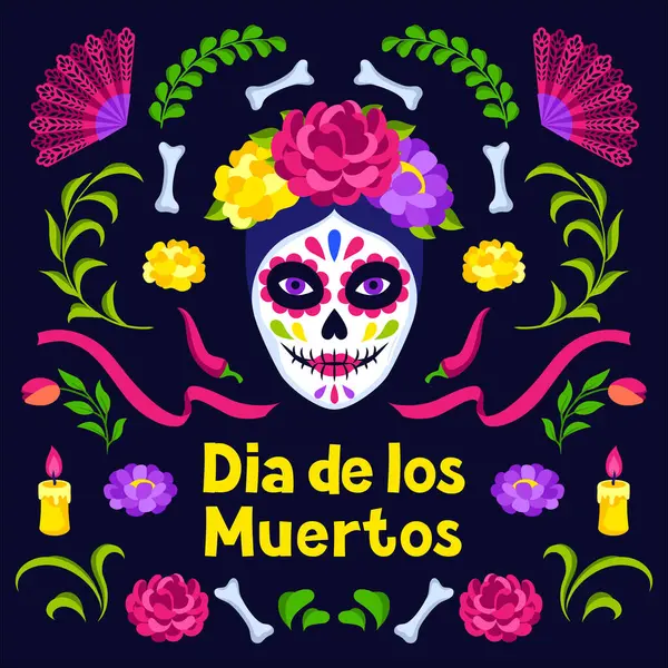 Ölüler Günü tebrik kartı. Dia de los muertos. Meksika kutlaması. Geleneksel sembollerle tatil arkaplanı.