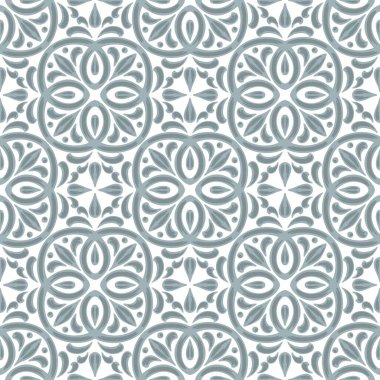 Portekiz azulejo seramik seramik dikişsiz desen. Akdeniz geleneksel süsü. İtalyan çömleği ya da İspanyol majolikası. Klasik parşömen yapraklarıyla barok ispanyol arkaplanı.