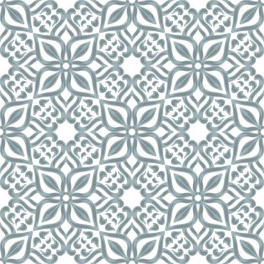 Portekiz azulejo seramik seramik dikişsiz desen. Akdeniz geleneksel süsü. İtalyan çömleği ya da İspanyol majolikası. Klasik parşömen yapraklarıyla barok ispanyol arkaplanı.