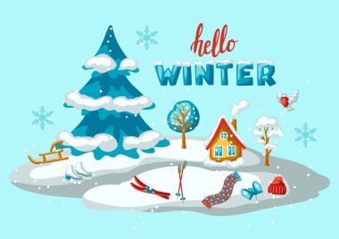 Kış mevsimi sahnesi. Açık hava eğlencesi ve sevimli eğlenceli şeyler. Mutlu Noeller ve tatil zamanı..