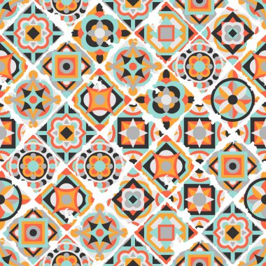 Seramik fayans soyut desen. Geometrik basit motif. Etnik halk süsleri. Meksika Talavera, Portekiz Azulejo ya da İspanyol Majolica. Kırık diş minesi olan eski grunge arkaplanı.