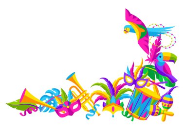 Kutlama simgeleri, nesneler ve dekorlarla dolu karnaval partisi geçmişi. Geleneksel bayram veya festival için Mardi Gras illüstrasyonu.