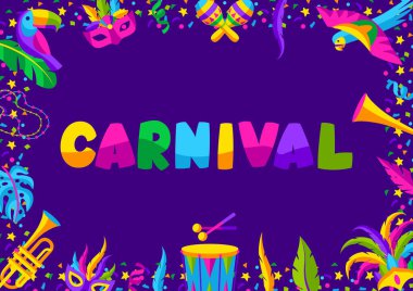 Kutlama simgeleri, nesneler ve dekorlarla karnaval partisi çerçevesi. Geleneksel bayram veya festival için Mardi Gras illüstrasyonu.