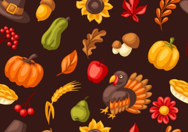 Kusursuz Şükran Günü şablonunuz kutlu olsun. Tatil eşyalarıyla dolu bir arka plan. Geleneksel sembolleri kutla.