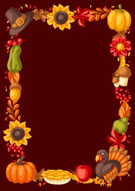 Şükran Günü çerçeven kutlu olsun. Tatil eşyalarıyla tasarım. Geleneksel sembolleri kutla.