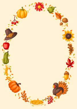 Şükran Günü çerçeven kutlu olsun. Tatil eşyalarıyla tasarım. Geleneksel sembolleri kutla.