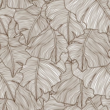 Şekillendirilmiş palmiye yapraklarıyla kusursuz desen. Tropikal yeşillik ve bitkilerin dekoratif görüntüsü. Doğrusal doku.