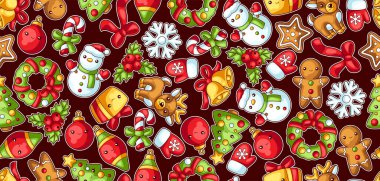 Mutlu Noeller, kusursuz desen. Sevimli karakterler ve semboller. Çizgi film tarzında tatil geçmişi. Mutlu kutlamalar..