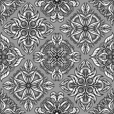 Portekiz azulejo seramik seramik dikişsiz desen. Akdeniz geleneksel süsü. İtalyan çömleği ya da İspanyol majolikası. Klasik parşömen yapraklarıyla barok ispanyol arkaplanı.