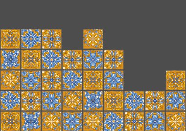 Portekiz azulejo klasik seramik seramik kaplama. Kırık diş mineli eski grunge illüstrasyonu. İtalyan çömleği ya da İspanyol majolikası. Akdeniz geleneksel süsü.