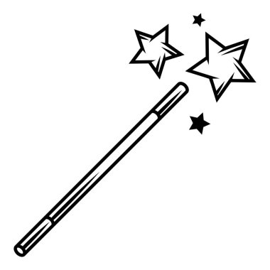 Yıldızlı sihirbaz değneği. Hile ya da sihir çizimi. Siyah ve beyaz biçimlendirilmiş resim.