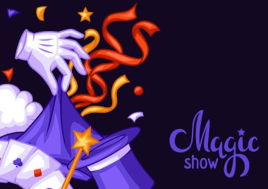 Sihirbaz geçmişi ve sihirli eşyaları var. İllüzyonist gösteri ya da performans afişi. Sihirbazlık ve hilelerin çizgi film tarzı çizimi.