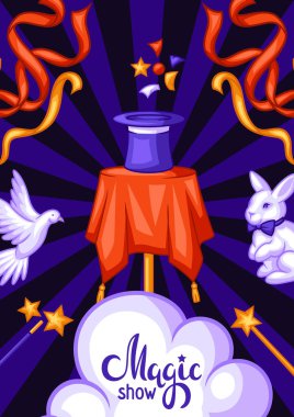 Magician background with magic items. Illusionist show or performance banner. Cartoon style illustration of tricks and sorcery. clipart