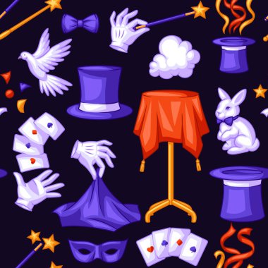 Magician seamless pattern with magic items. Illusionist show or performance background. Cartoon style illustration of tricks and sorcery. clipart