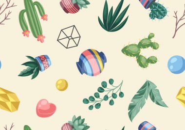 Kaktüslü ve sulu pürüzsüz desen. Dekoratif dikenli kaktüsler ve saksılarda bitkiler. Ev sanatları dekorasyonu.