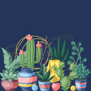 Kaktüslü ve sulu bir arka plan. Dekoratif dikenli kaktüsler ve saksılarda bitkiler. Ev sanatları dekorasyonu.