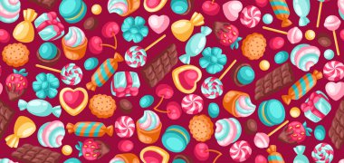 Kusursuz desenli, renkli, çeşitli şeker ve tatlılar. Şekerleme ya da fırın stili illüstrasyon.