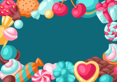 Renkli çeşitli şeker ve şekerlerle çerçevelenmiş. Şekerleme ya da fırın stili illüstrasyon.