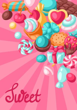 Renkli çeşitli şeker ve şekerlerle donatılmış bir arka plan. Şekerleme ya da fırın stili illüstrasyon.