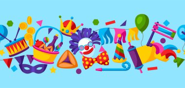 Purim Musevi bayramınız kutlu olsun. Geleneksel lunapark sembolleriyle arka plan.