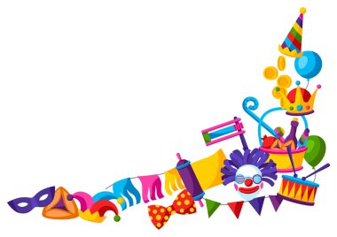 Purim Yahudi bayramınız kutlu olsun. Geleneksel lunapark sembolleriyle arka plan.