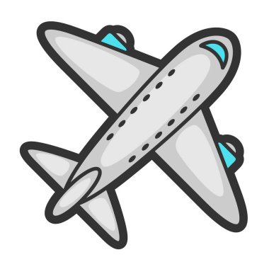 Çizgi film tarzında uçak tasviri. Sevimli komik nesne. Çizgi roman biçiminde sembol.