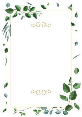 Dalları ve yeşil yaprakları olan çerçeve. Bahar ya da yaz stilize yapraklar. Mevsimsel illüstrasyon.