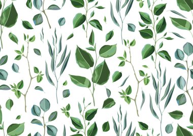 Dalları ve yeşil yaprakları olan kusursuz bir desen. Bahar ya da yaz stilize yapraklar. Mevsimsel illüstrasyon.