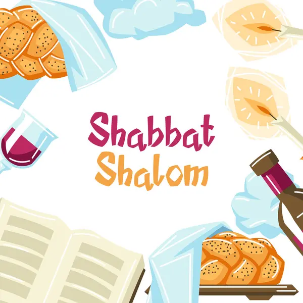 Dini eşyalarla Şabat Şalom çerçevesi. Yahudi sembollü bir geçmiş. Yahudilik konsepti çizimi. Geleneksel ögeleri kutla