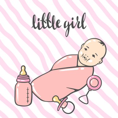 Doğum günün kutlu olsun ve davetiye kartı. Tatil kızı duşta kutlama sembolleri ve eşyalar.