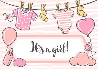 Doğum günün kutlu olsun ve davetiye kartı. Tatil kızı duşta kutlama sembolleri ve eşyalar.