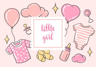 Doğum günün kutlu olsun ve davetiye kartı. Tatildeki kız bebek kutlama sembolleri ve eşyalar..